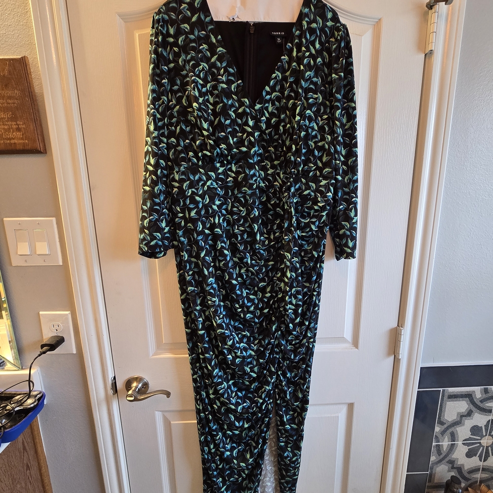 Torrid Black Dress with Blue and Green Leaf Pattern